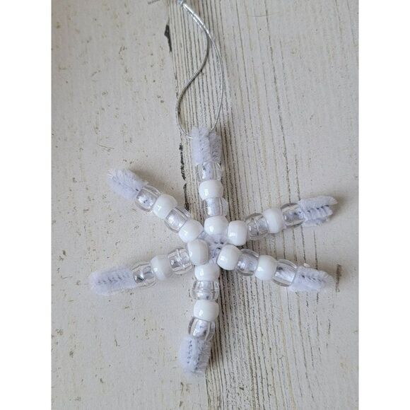 Handmade white bead snowflake ornament Xmas decor - Picture 1 of 5